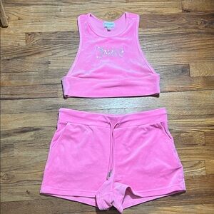 Juicy Couture Pink Velour Set with rhinestone logos on top and bottom